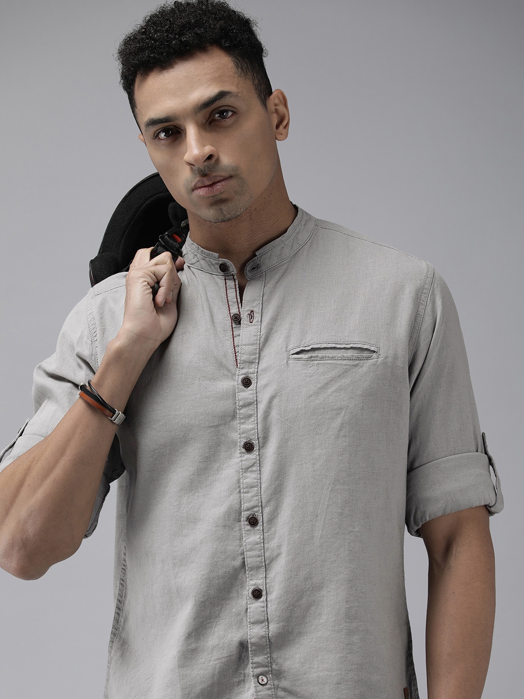 

The Roadster Life Co. Linen Cotton Band Collar Roll-Up Sleeves Casual Shirt, Grey