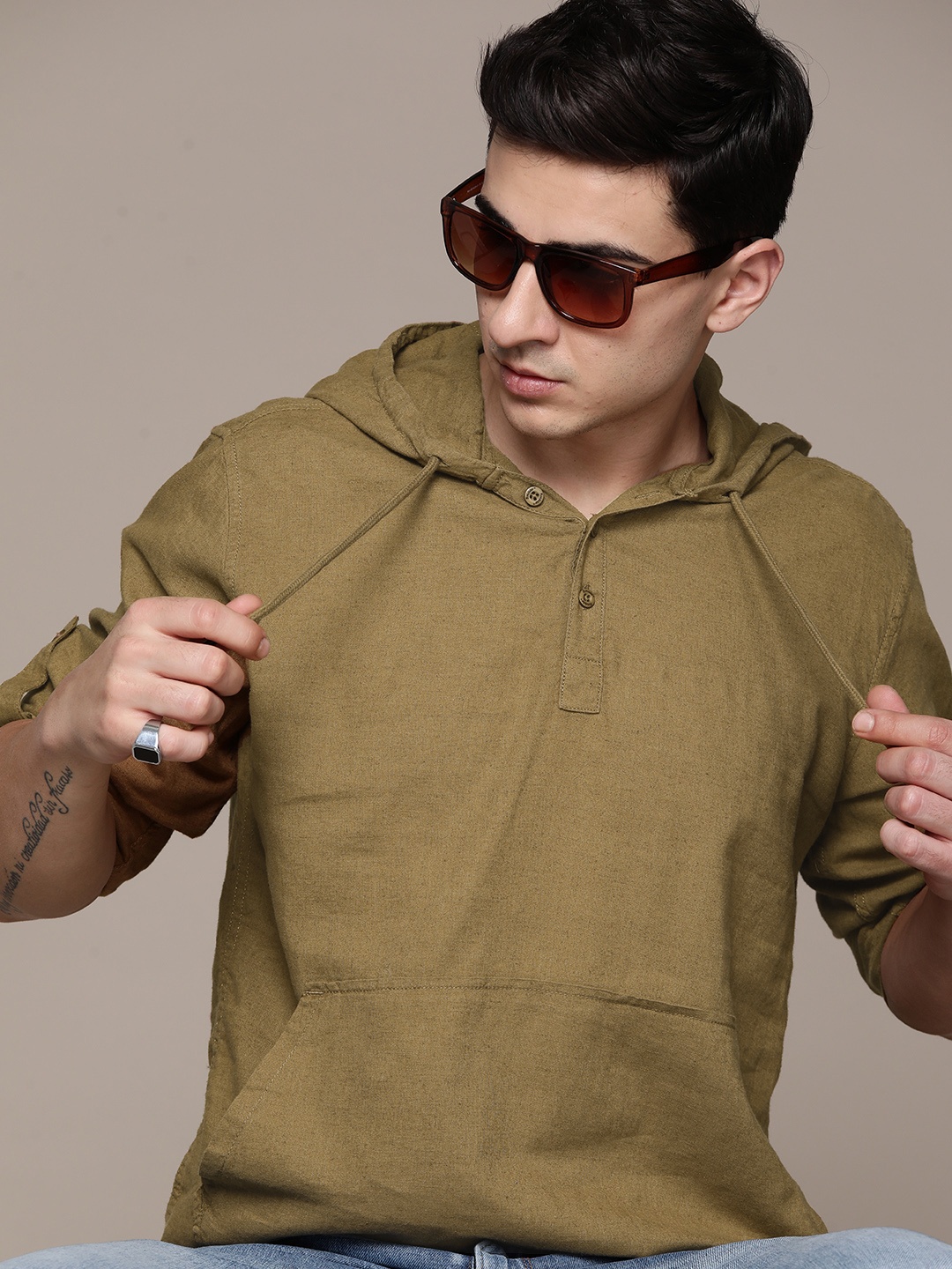 

The Roadster Lifestyle Co. Hooded Relaxed Fit Casual Shirt, Khaki