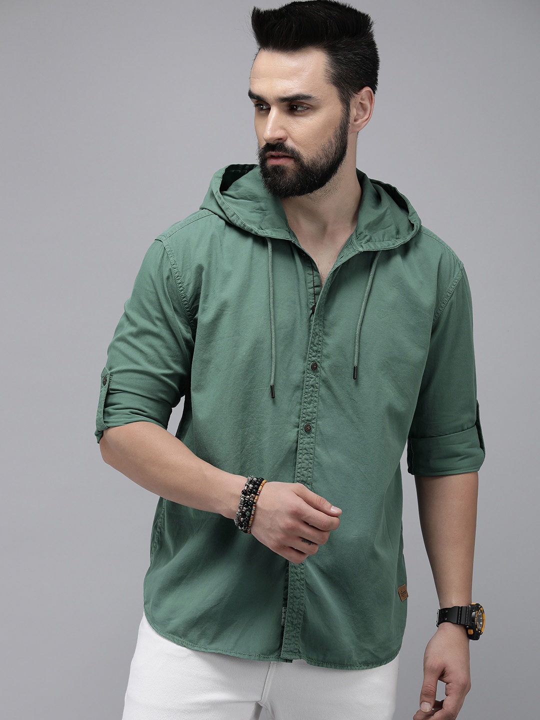 

The Roadster Life Co. Solid Relaxed Fit Pure Cotton Hooded Casual Shirt, Green