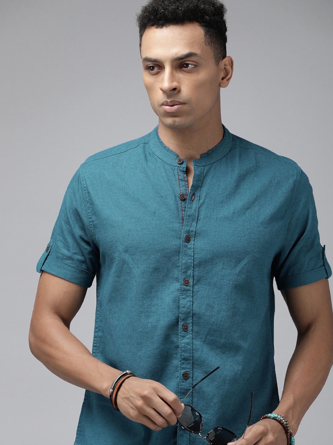 

The Roadster Life Co. Solid Mandarin-Collar Cotton Linen Casual Shirt, Teal