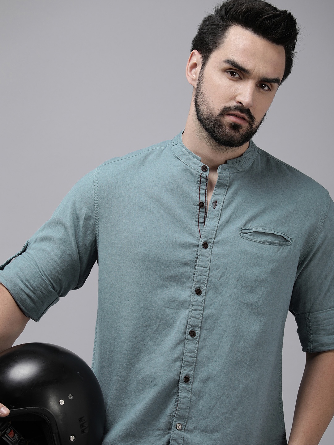 

The Roadster Lifestyle Co. Men Linen Cotton Solid Band Collar Casual Shirt, Blue