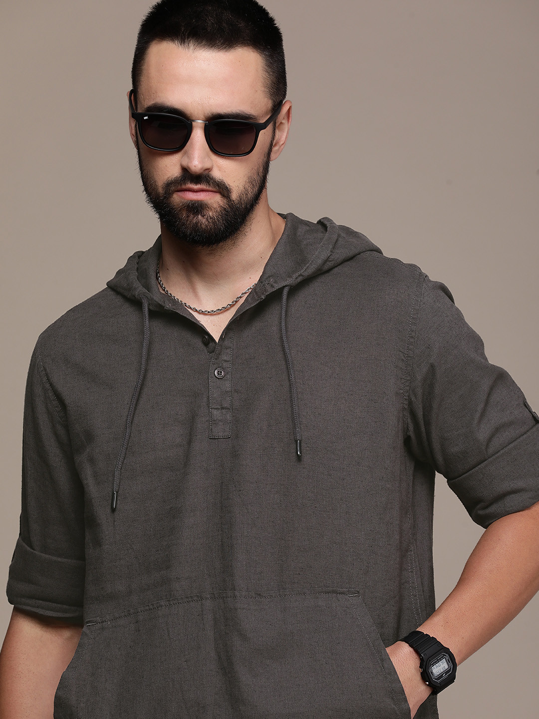 

The Roadster Lifestyle Co. Linen Cotton Hooded Casual Shirt, Taupe