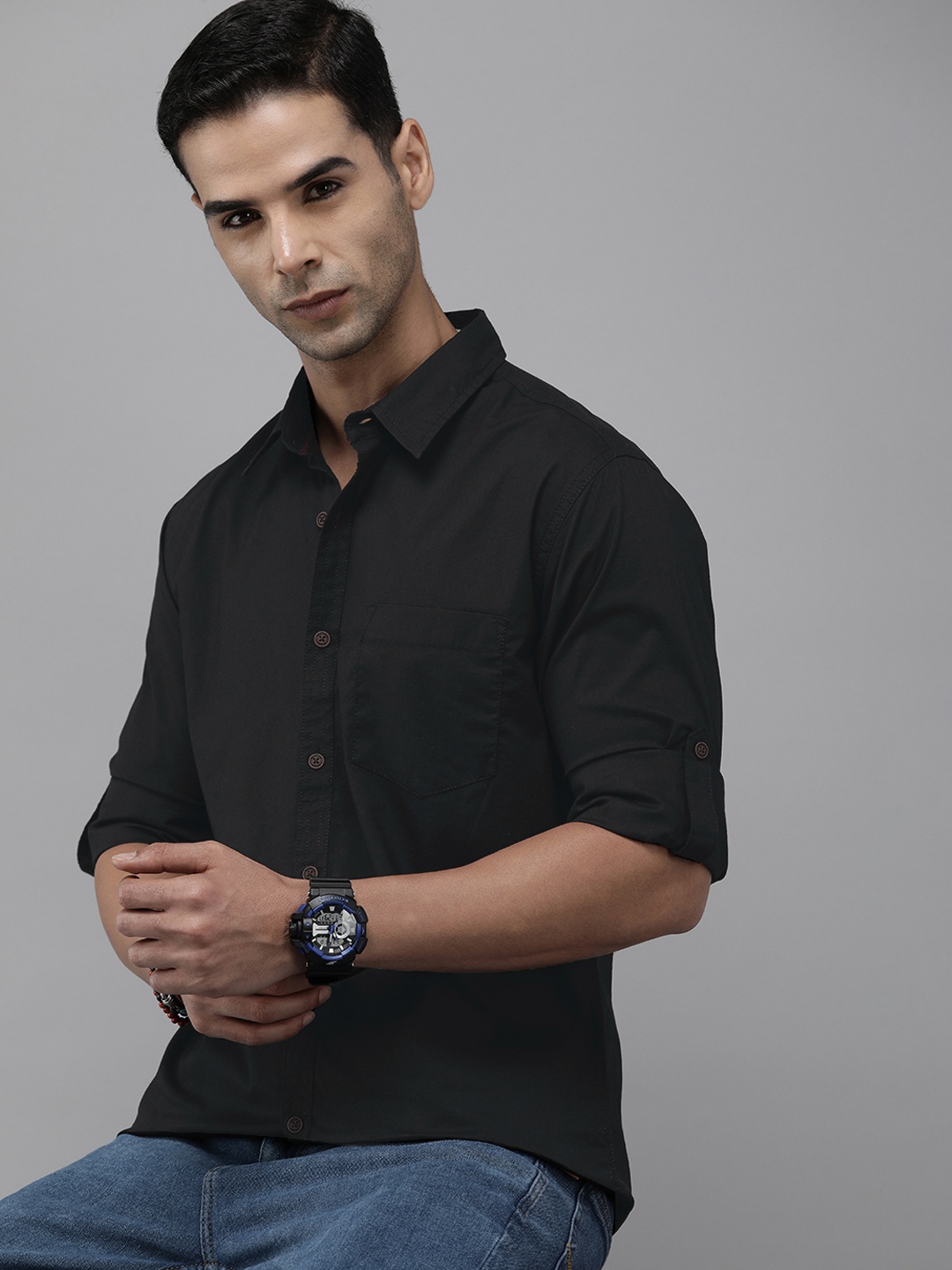 

The Roadster Life Co. Spread Collar Casual Shirt, Black