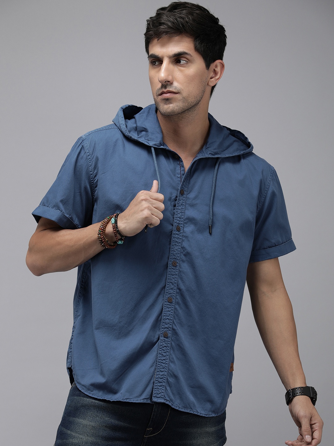 

The Roadster Life Co. Solid Relaxed Fit Pure Cotton Hooded Casual Shirt, Blue