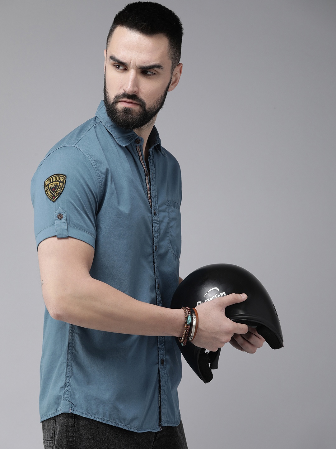 

The Roadster Life Co. Pure Cotton Spread Collar Casual Shirt, Blue