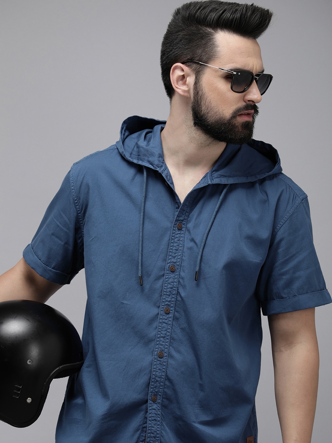 

The Roadster Life Co. Solid Relaxed Fit Pure Cotton Hooded Casual Shirt, Blue