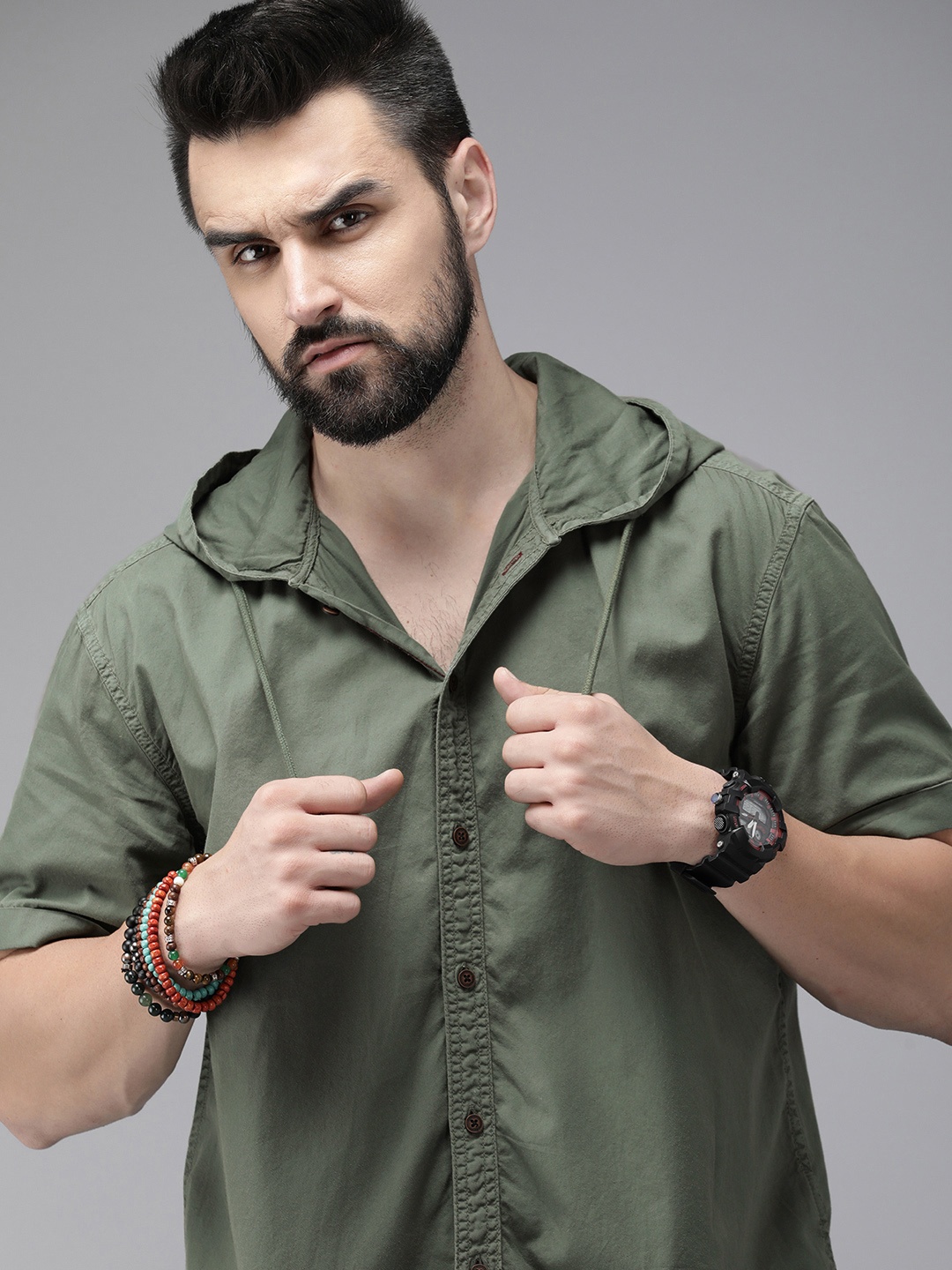 

The Roadster Lifestyle Co. Men Pure Cotton Solid Hooded Casual Shirt, Green