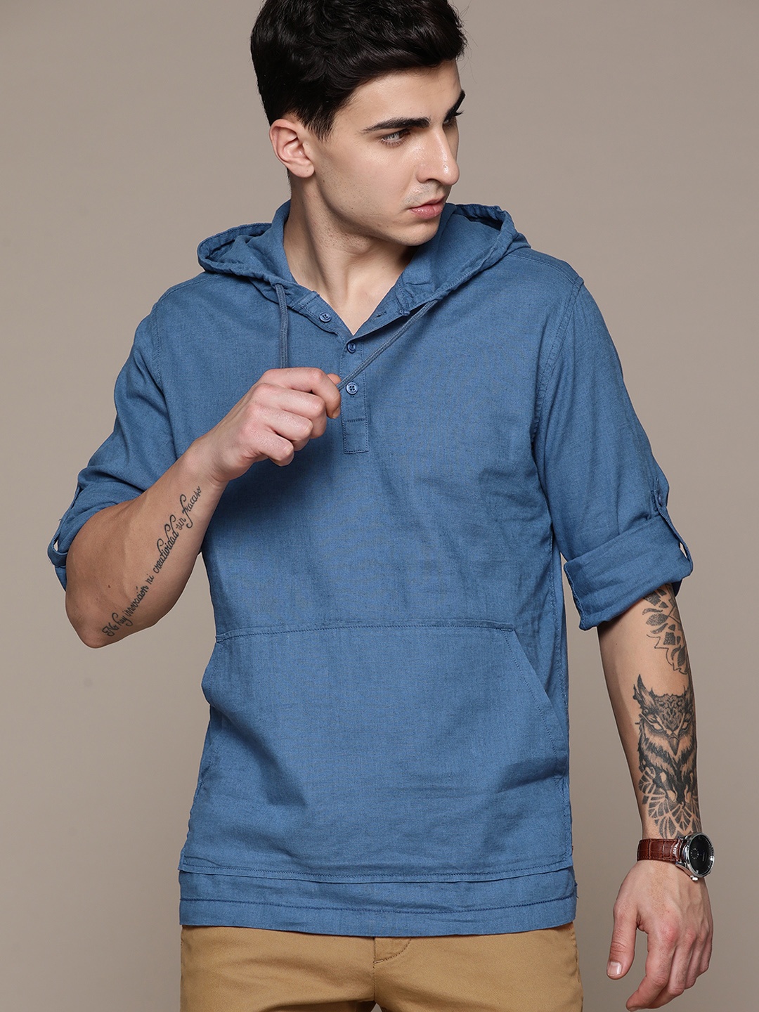 

The Roadster Lifestyle Co. Hooded Relaxed Fit Casual Shirt, Blue