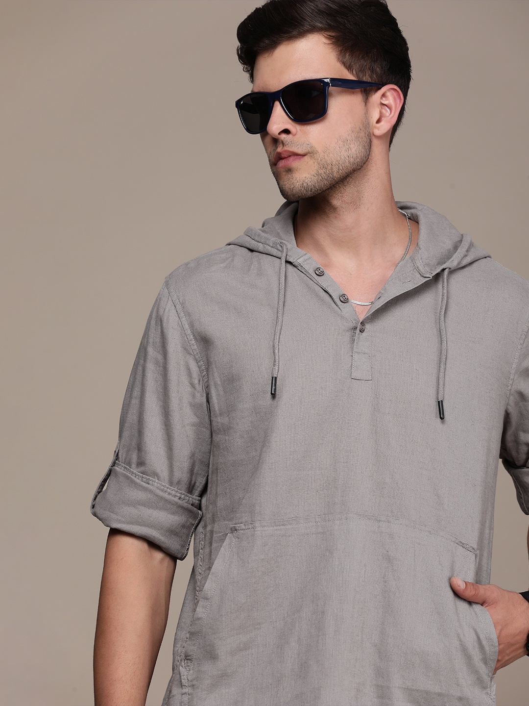 

The Roadster Lifestyle Co. Linen Cotton Hooded Casual Shirt, Taupe