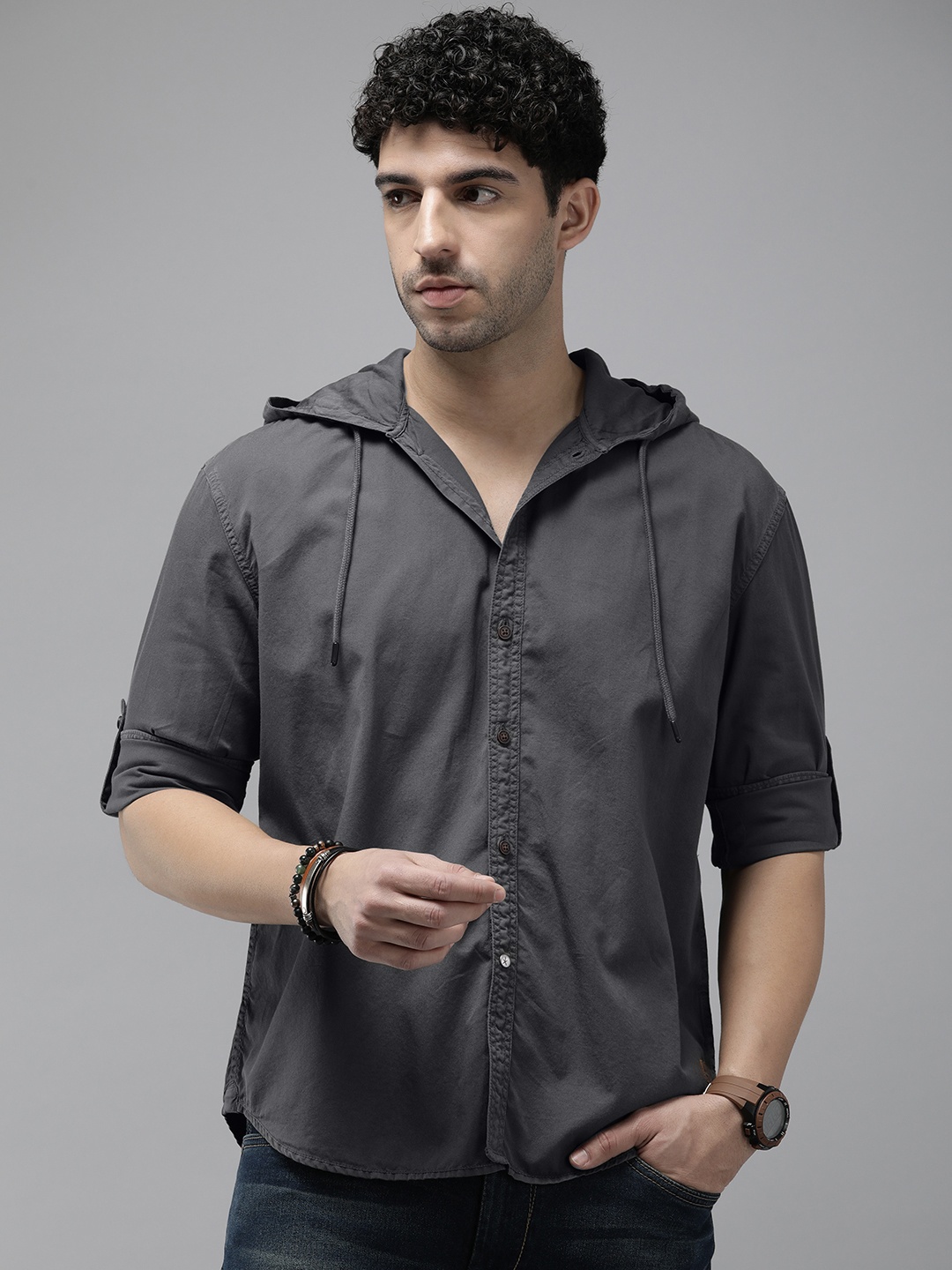 

The Roadster Life Co. Solid Relaxed Fit Hooded Pure Cotton Casual Shirt, Charcoal