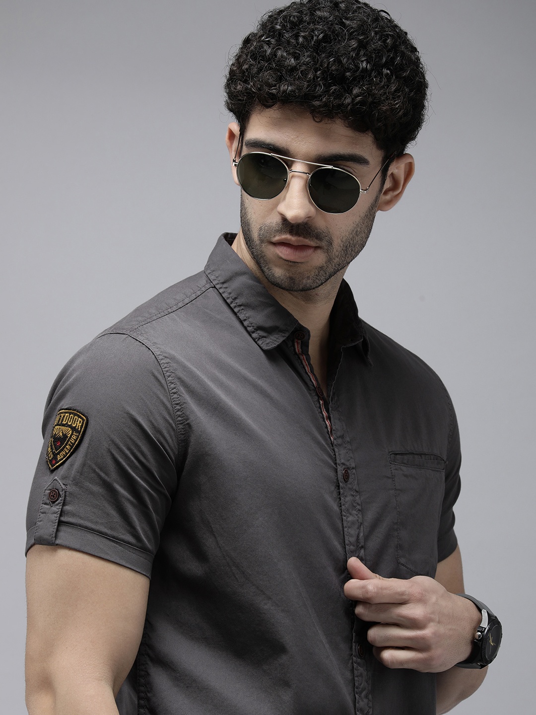 

The Roadster Life Co. Pure Cotton Roll-Up Sleeves Solid Casual Shirt, Grey