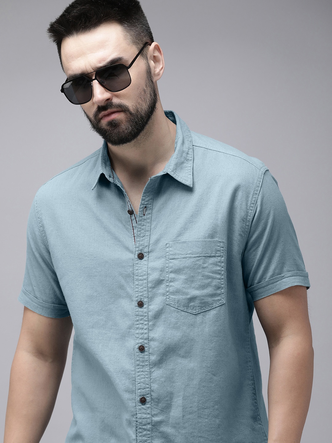 

The Roadster Life Co. Solid Linen Cotton Casual Shirt, Blue