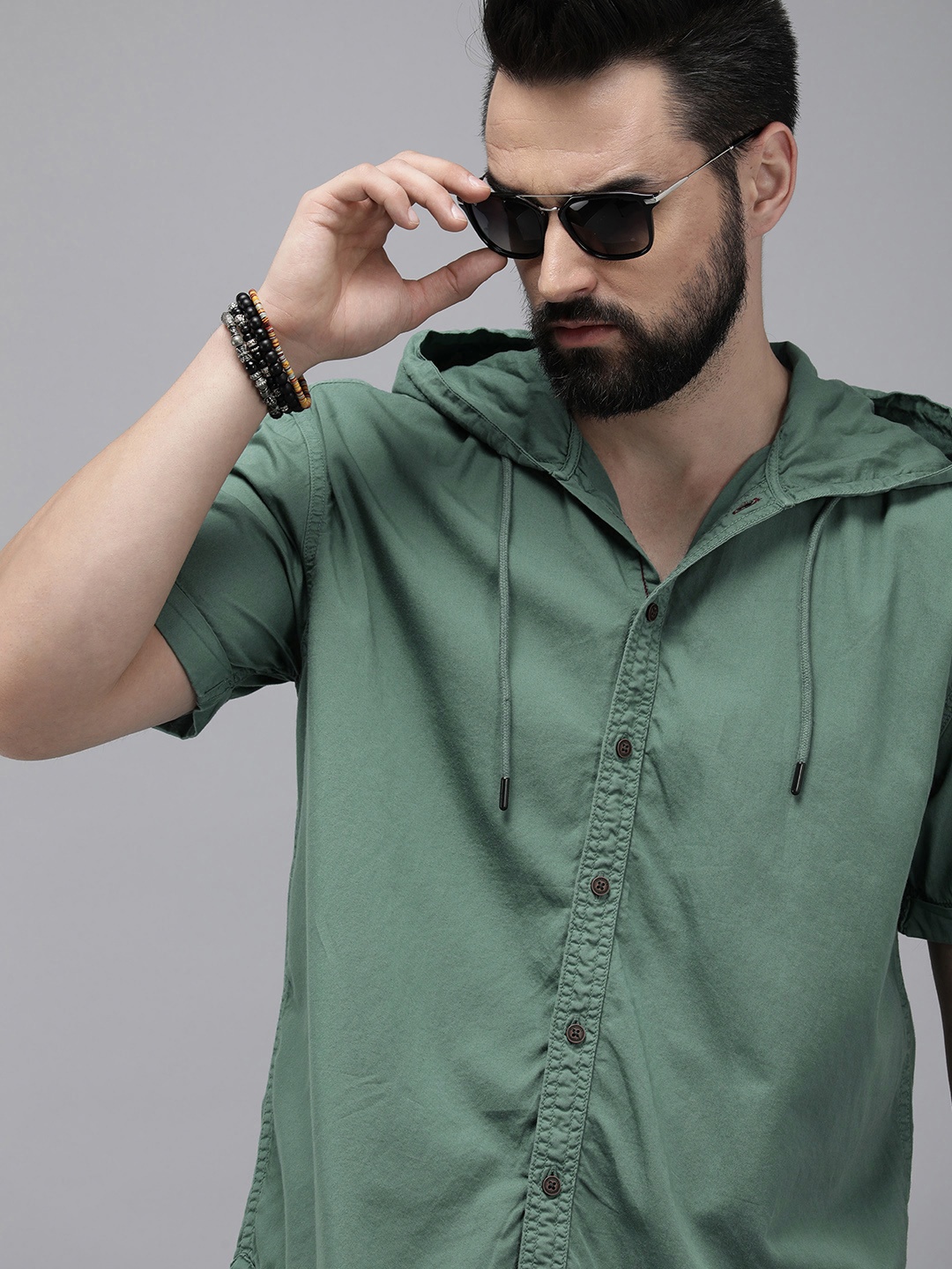 

The Roadster Life Co. Solid Relaxed Fit Pure Cotton Hooded Casual Shirt, Green