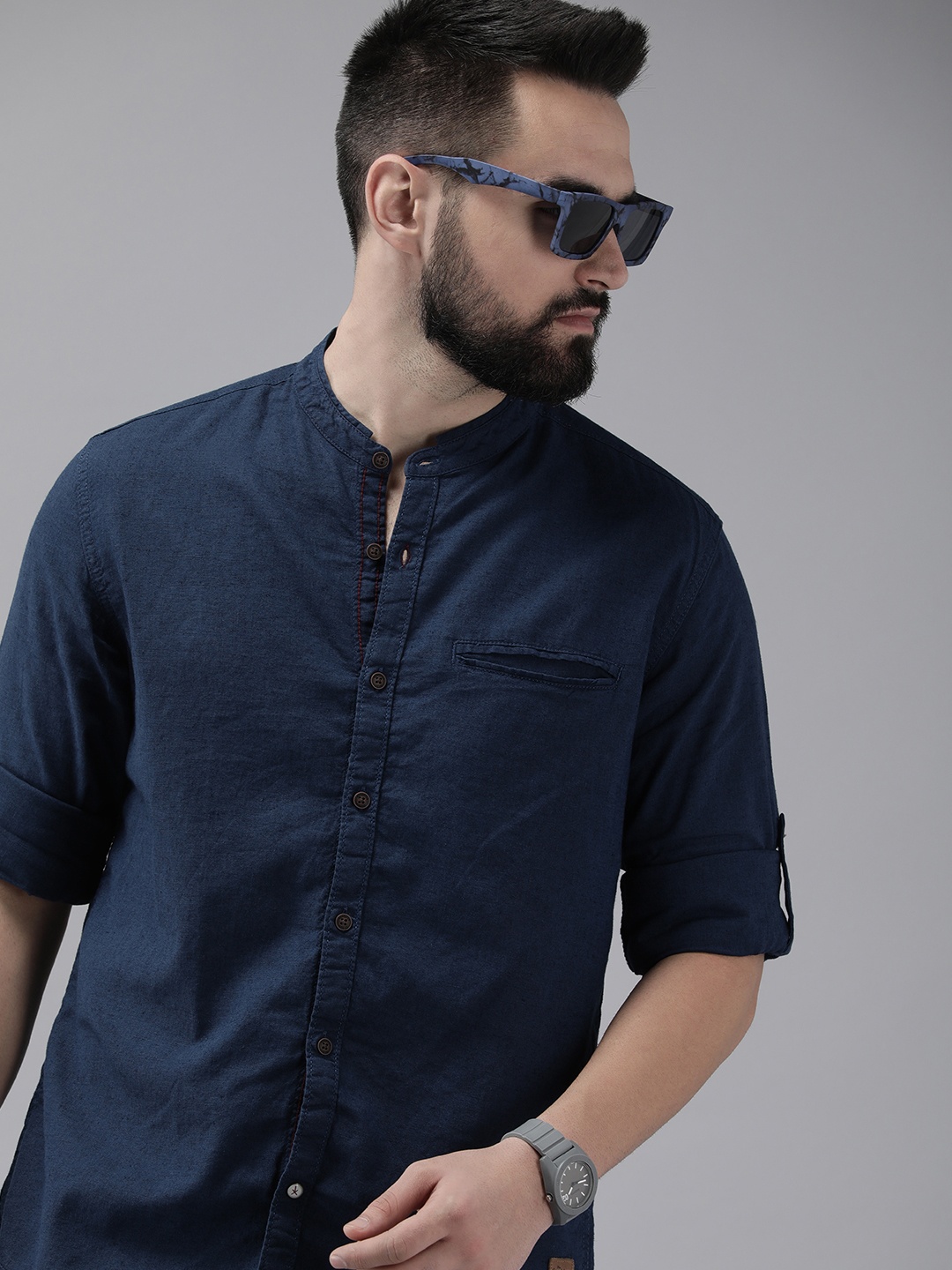 

The Roadster Life Co. Band Collar Roll-Up Sleeves Casual Shirt, Navy blue