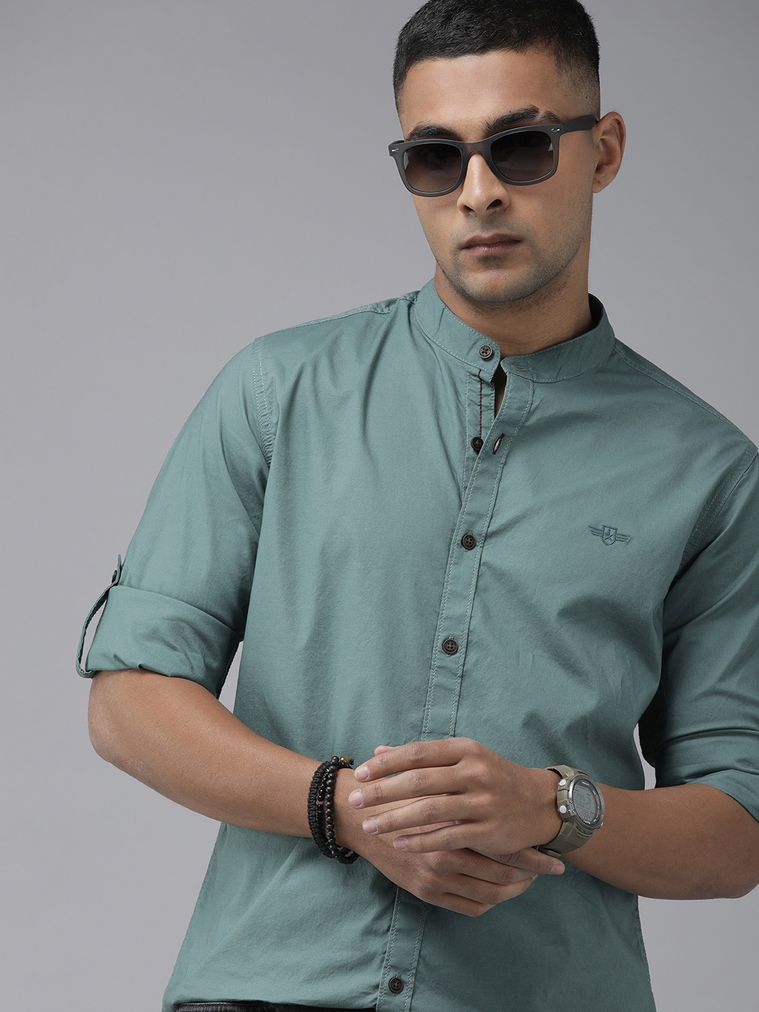 

The Roadster Lifestyle Co. Band Collar Casual Shirt, Green