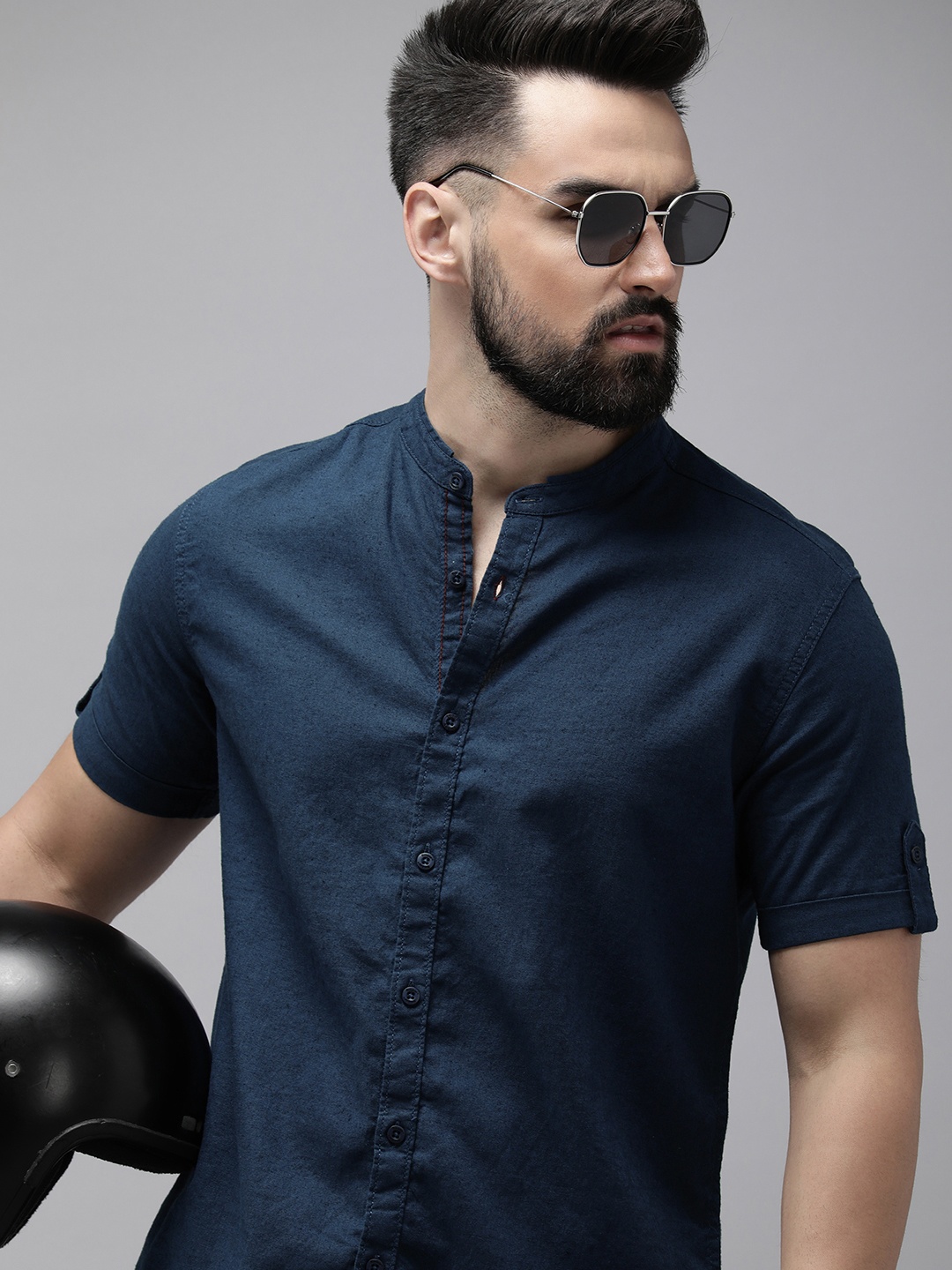 

The Roadster Life Co. Linen Cotton Casual Shirt, Navy blue