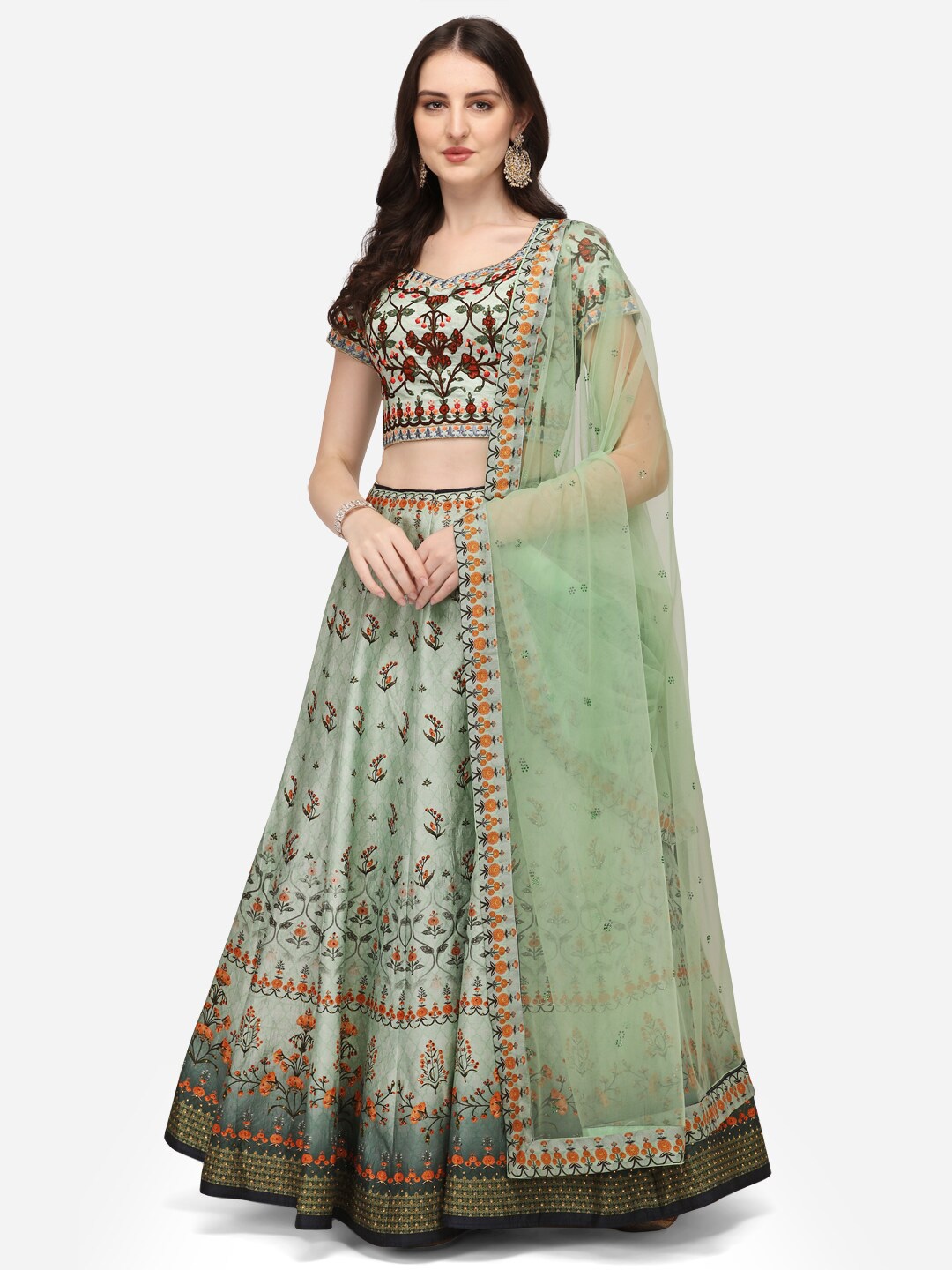 

SAPTRANGI Thread Work Foil Print Ready to Wear Lehenga & Blouse With Dupatta, Green