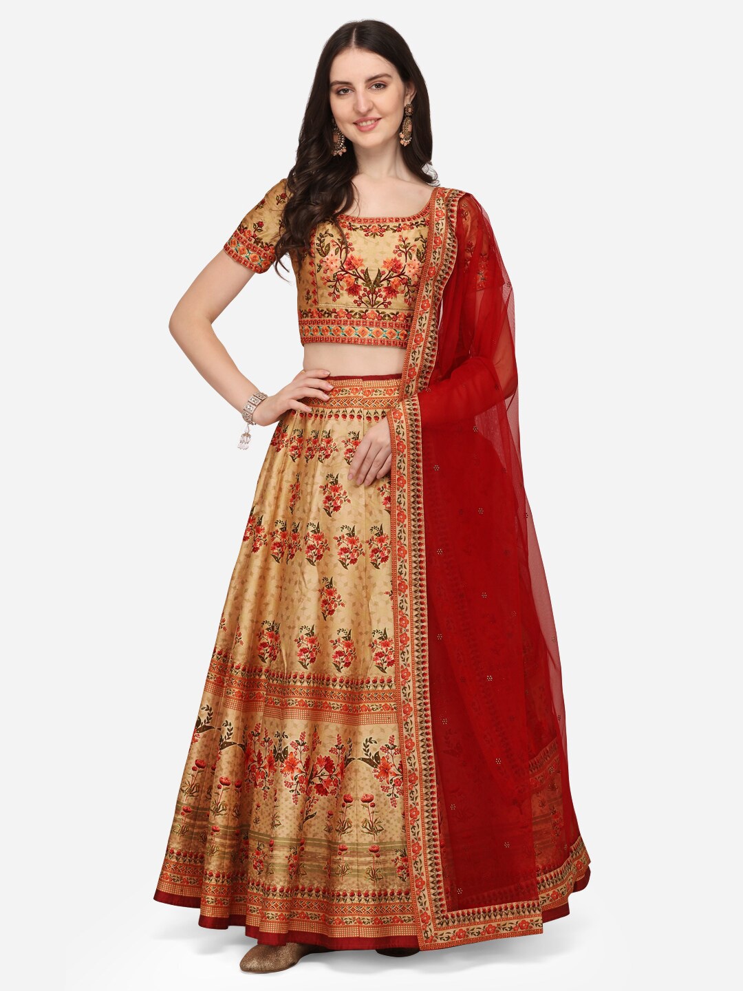 

SAPTRANGI Embroidered Ready to Wear Lehenga & Blouse With Dupatta, Beige