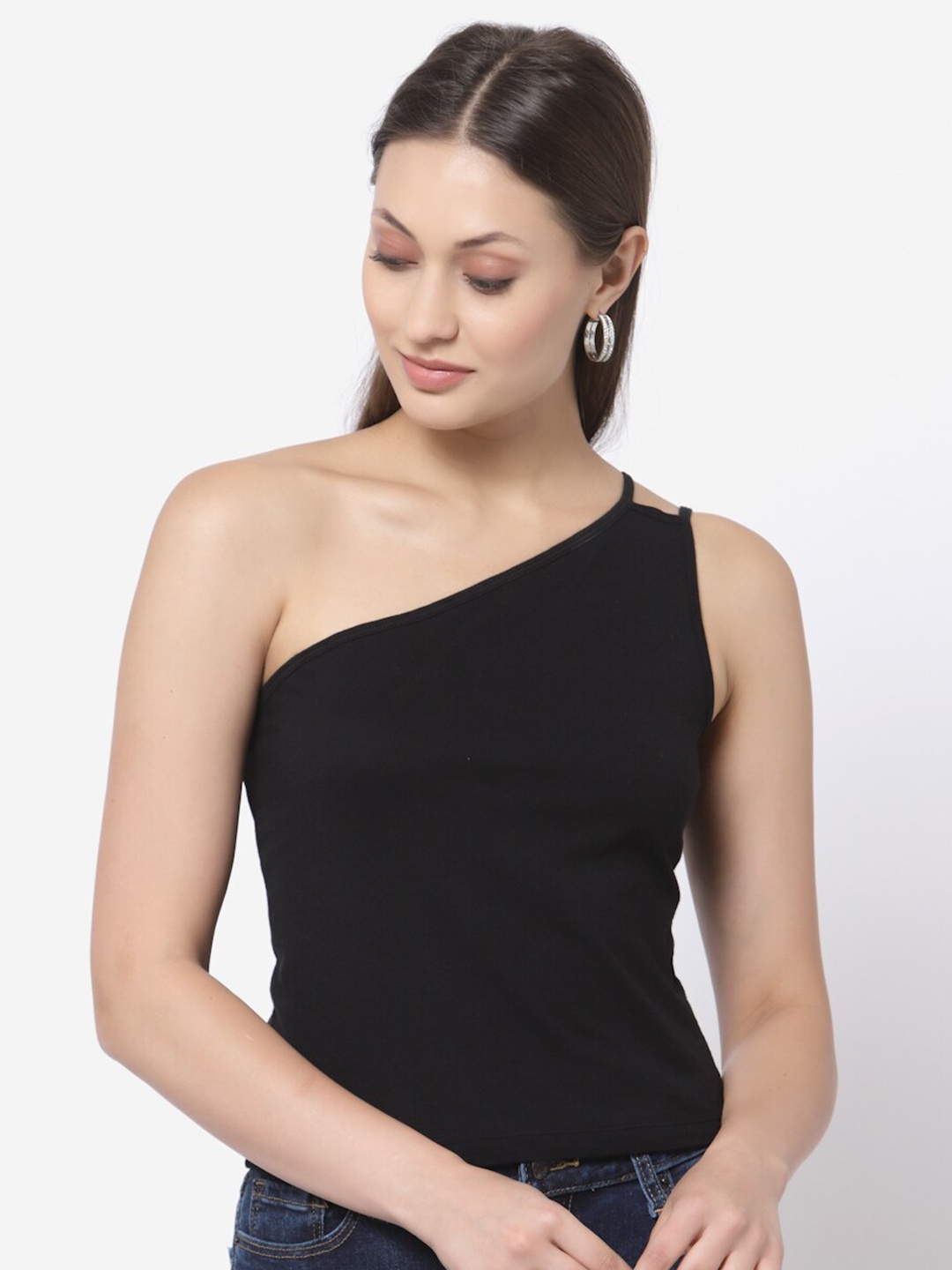 

YOONOY Shoulder Pure Cotton Fitted Top, Black