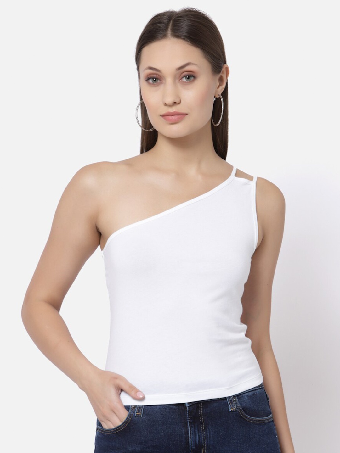 

YOONOY One Shoulder Pure Cotton Fitted Top, White