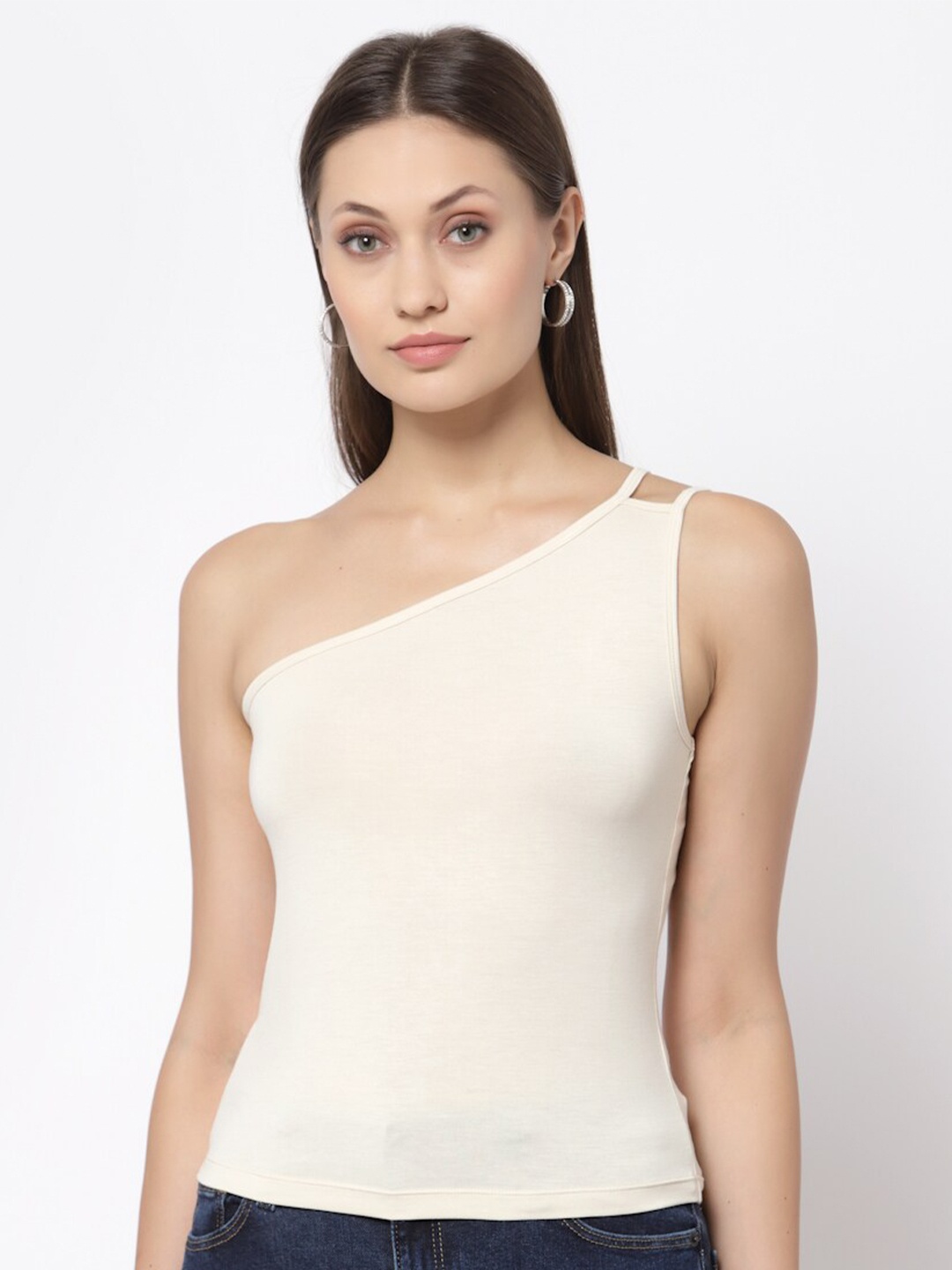 

YOONOY One Shoulder Pure Cotton Fitted Top, Cream