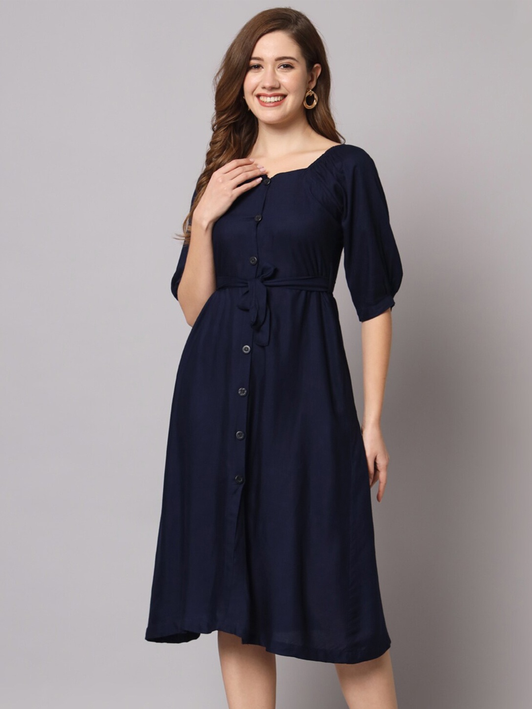 

Vastralay A-Line Midi Dress With Belt, Navy blue