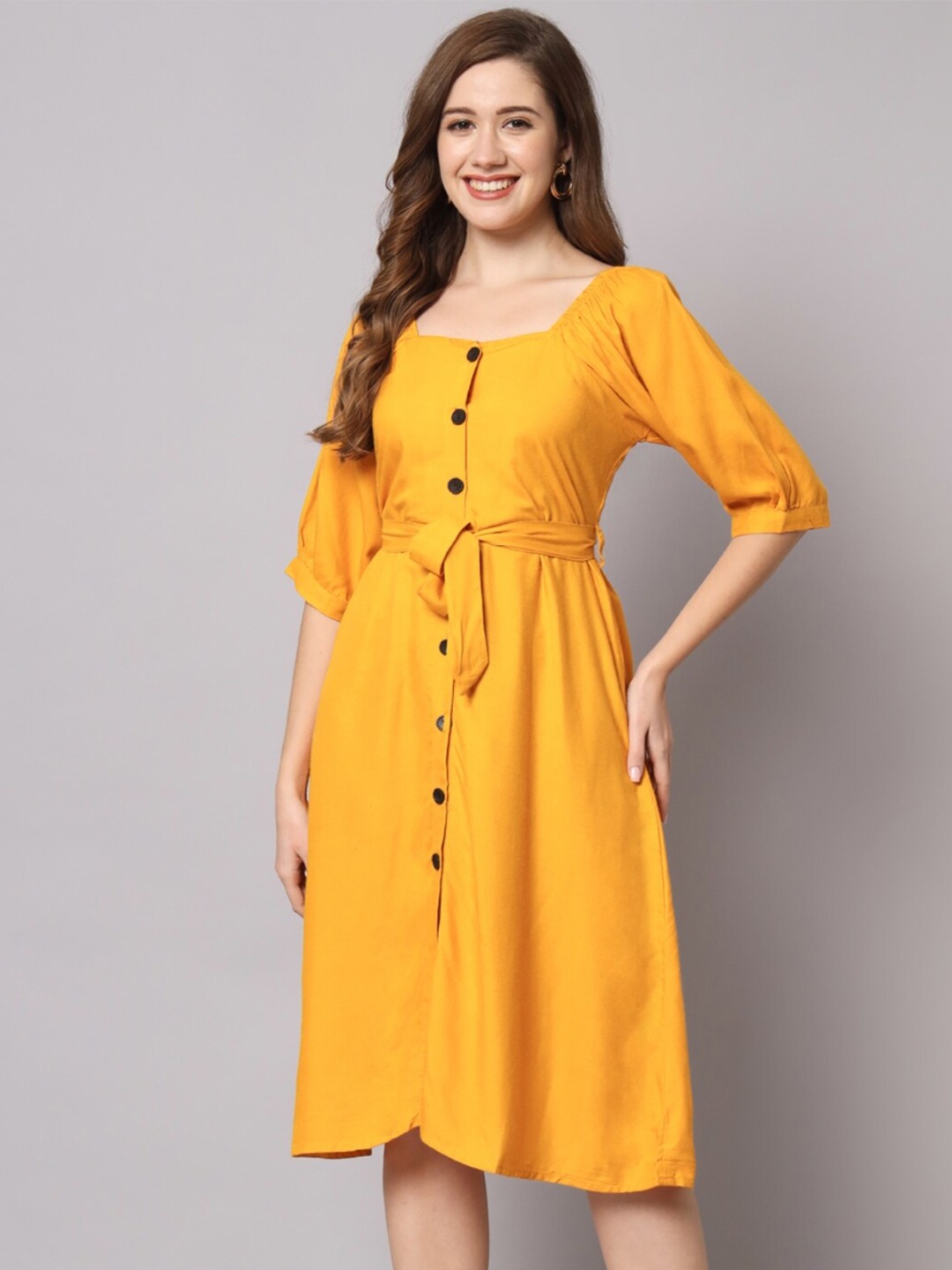 

Vastralay A-Line Midi Dress With Belt, Mustard