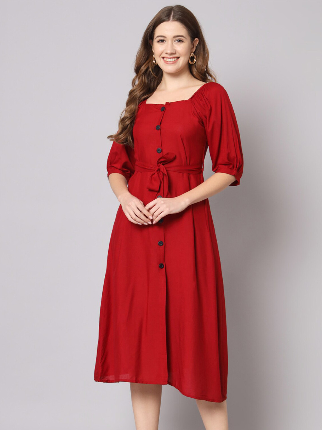 

Vastralay A-Line Midi Dress With Belt, Maroon