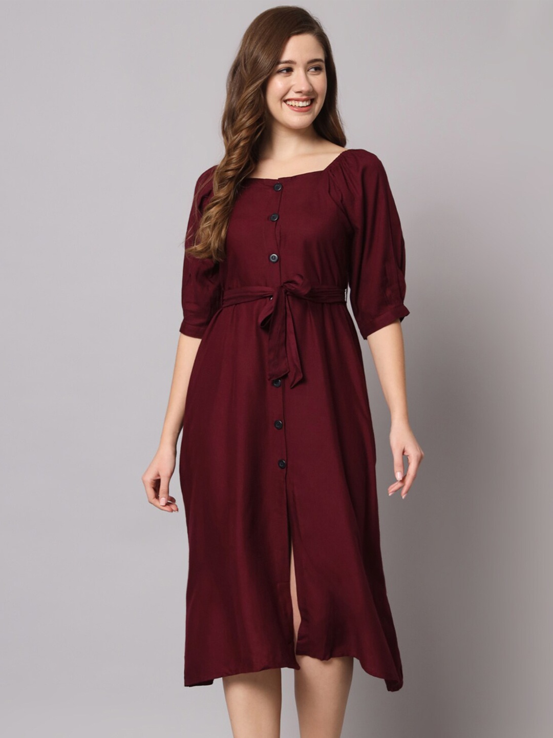 

Vastralay Square Neck Puff Sleeves A-Line Dress With Belt, Maroon