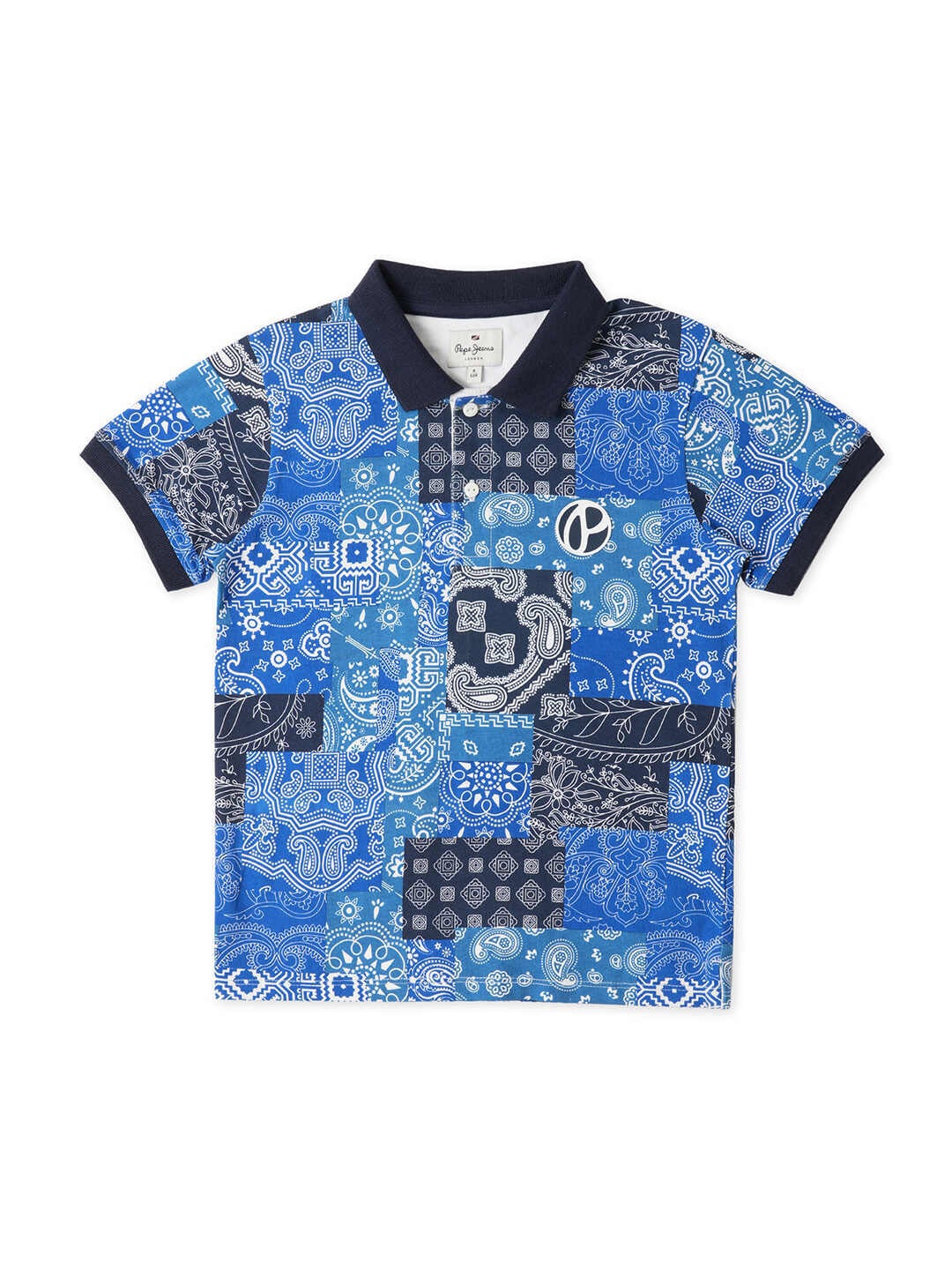 

Pepe Jeans Boys Bandana Printed Polo Collar Cotton T-shirt, Navy blue