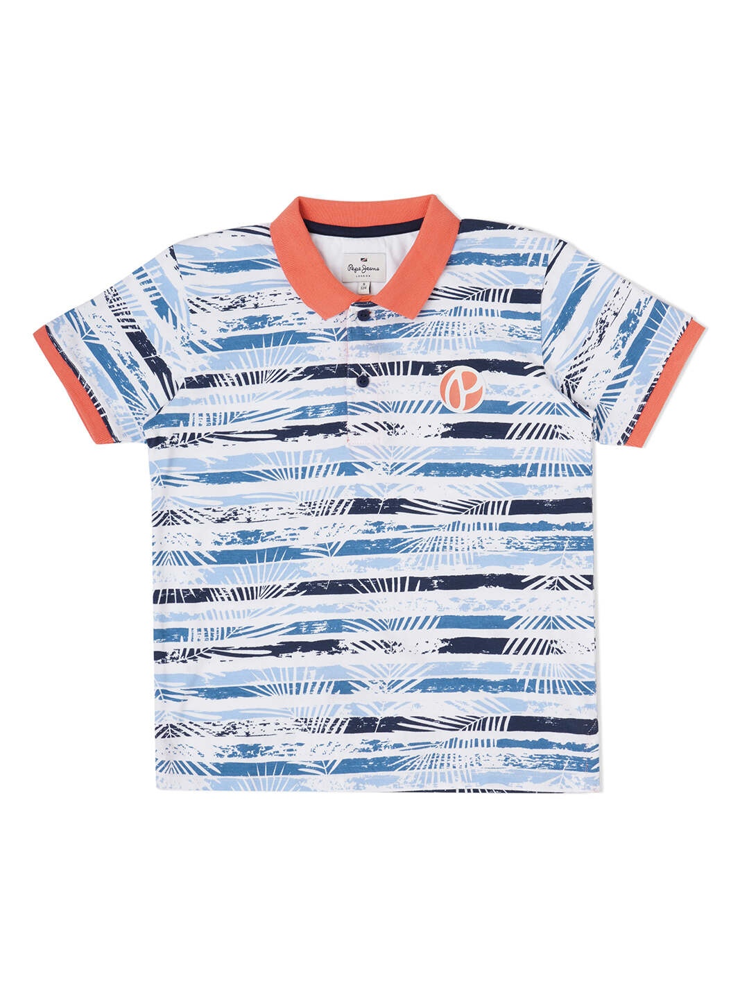 Pepe Jeans Boys Polo Collar Tropical Printed Cotton T-shirt, White