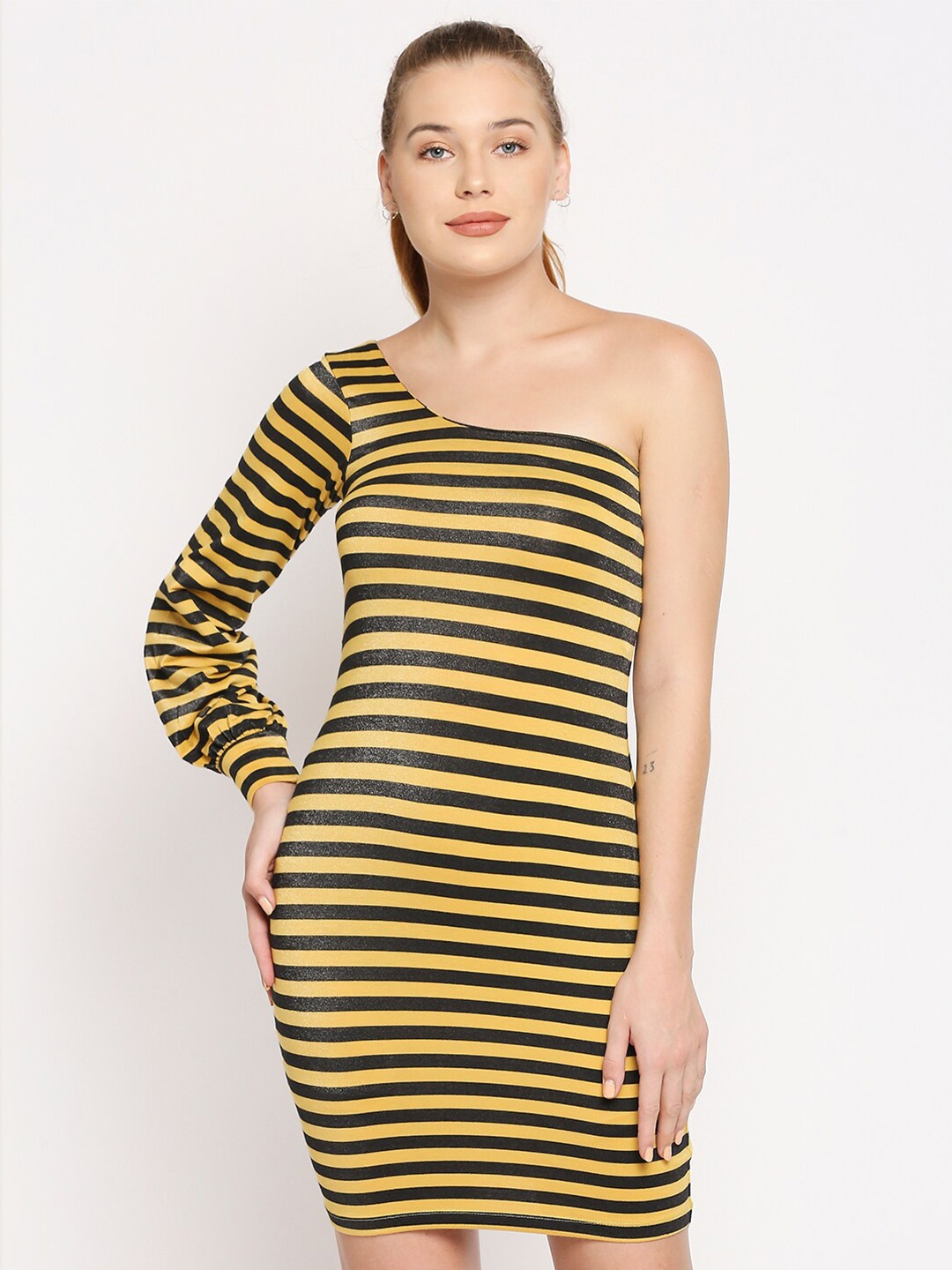 

Disrupt Striped One Shoulder Bodycon Shimmer Dress, Yellow