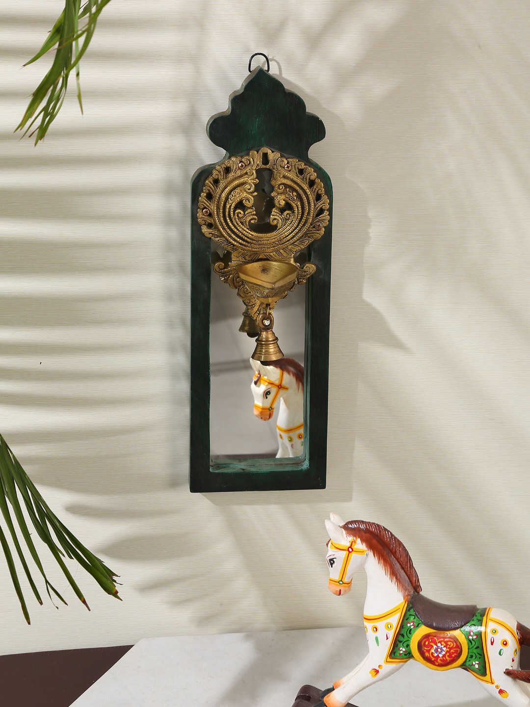 

Amoliconcepts Green Distress Finish Mirror with Brass Bell Diya