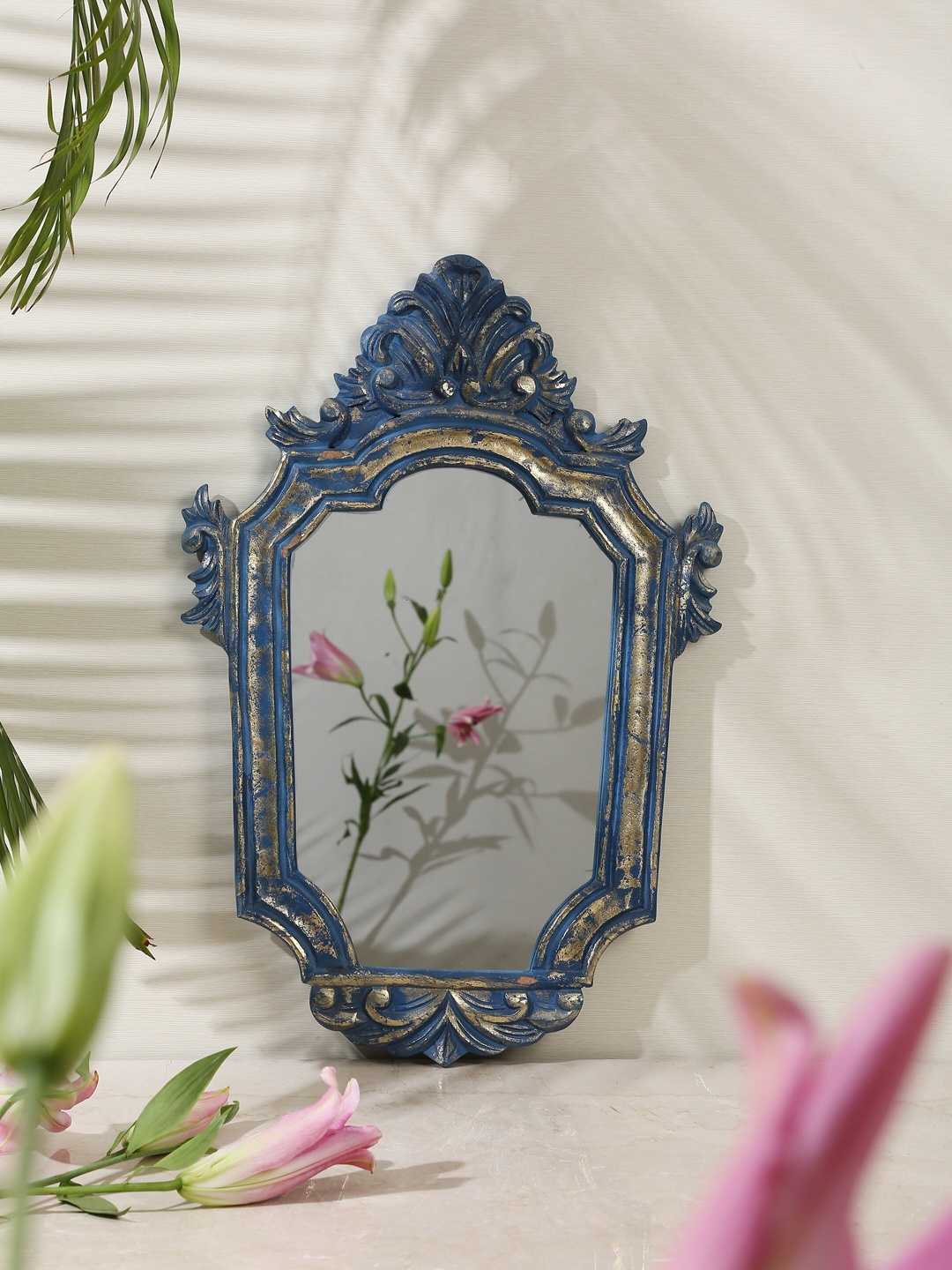 

Amoliconcepts Vintage Treasures Blue & Gold-Toned Textured Mirror With Gold Foiling
