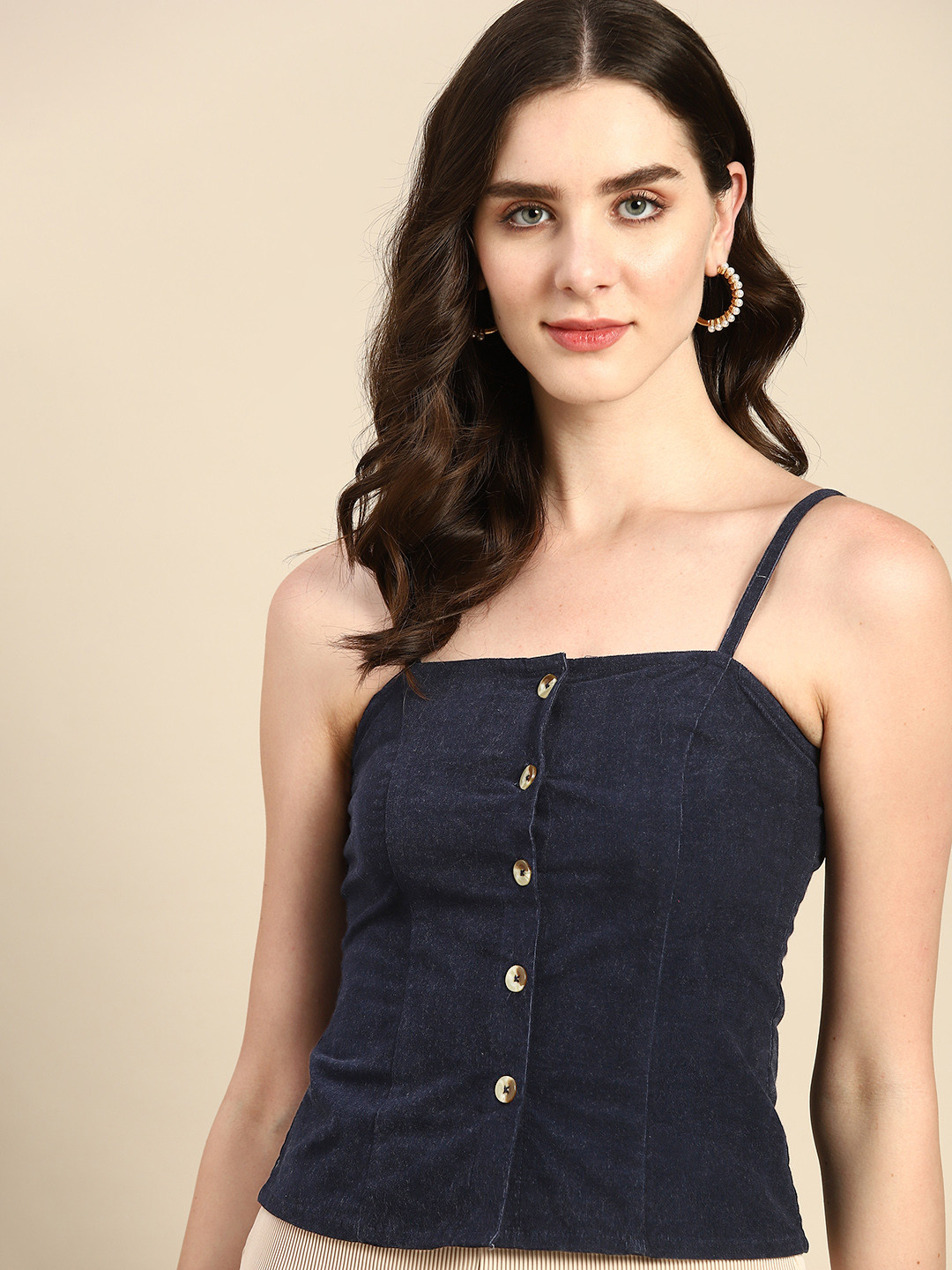

all about you Indigo Corduroy Fitted Cotton Top, Navy blue