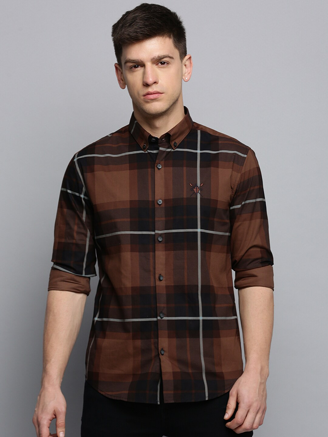 

SHOWOFF Classic Slim Fit Tartan Checks Checked Cotton Casual Shirt, Brown