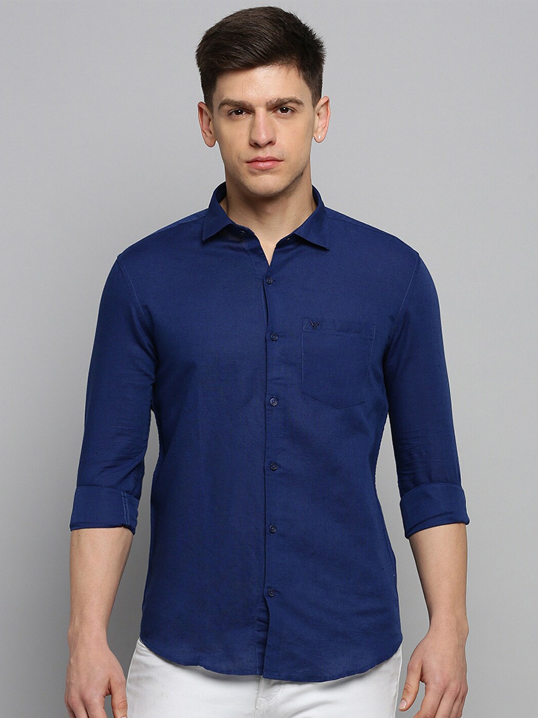 

SHOWOFF Men Spread Collar Cotton Linen Regular Fit Classic Shirt, Navy blue