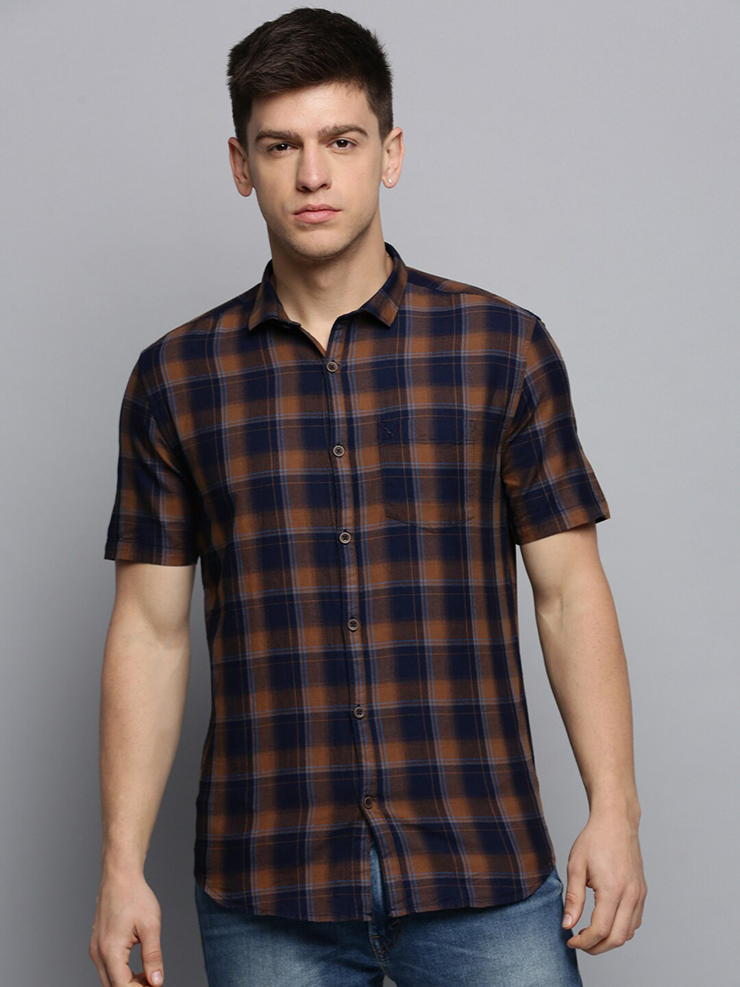 

SHOWOFF Men Buffalo Checked Short Sleeves Cotton Classic Casual Shirt, Navy blue