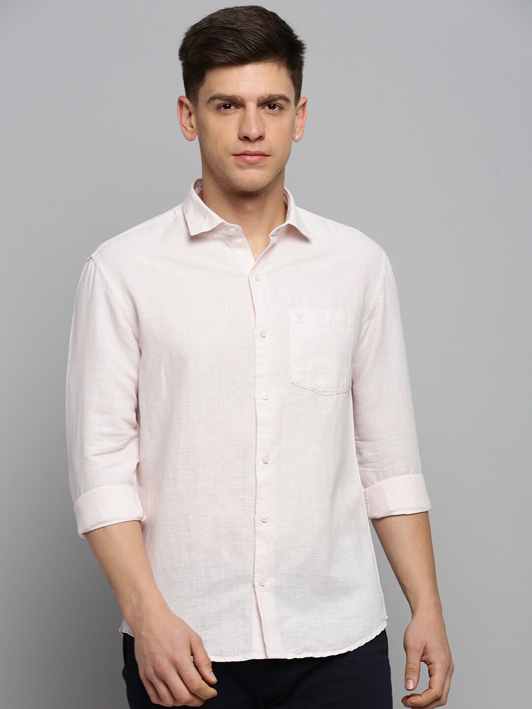 

SHOWOFF Men Spread Collar Cotton Linen Regular Fit Classic Shirt, Cream