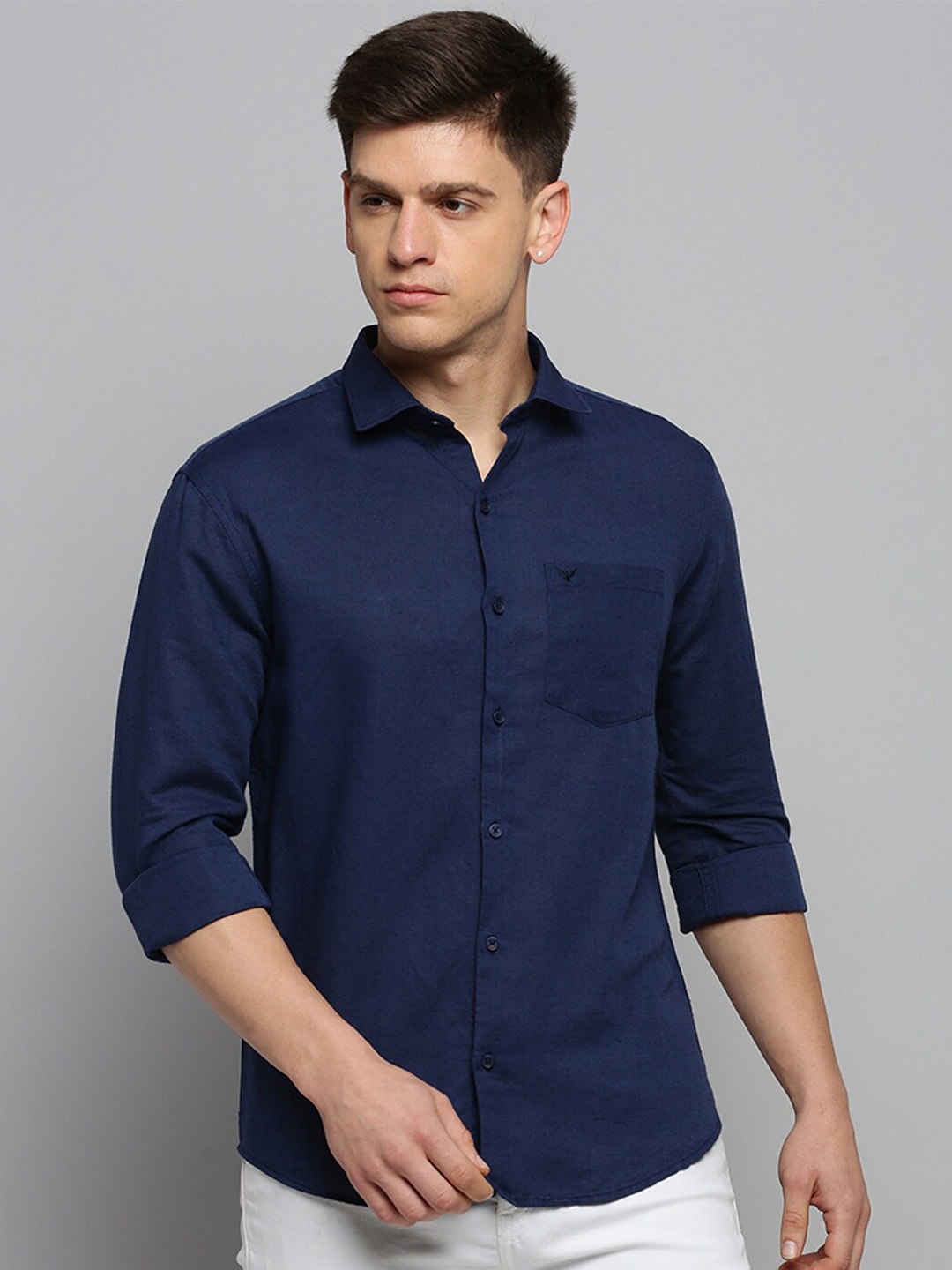 

SHOWOFF Spread Collar Cotton Linen Casual Shirt, Navy blue
