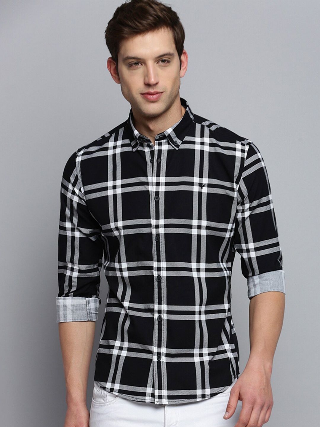 

SHOWOFF Classic Windowpane Checked Casual Cotton Shirt, Black