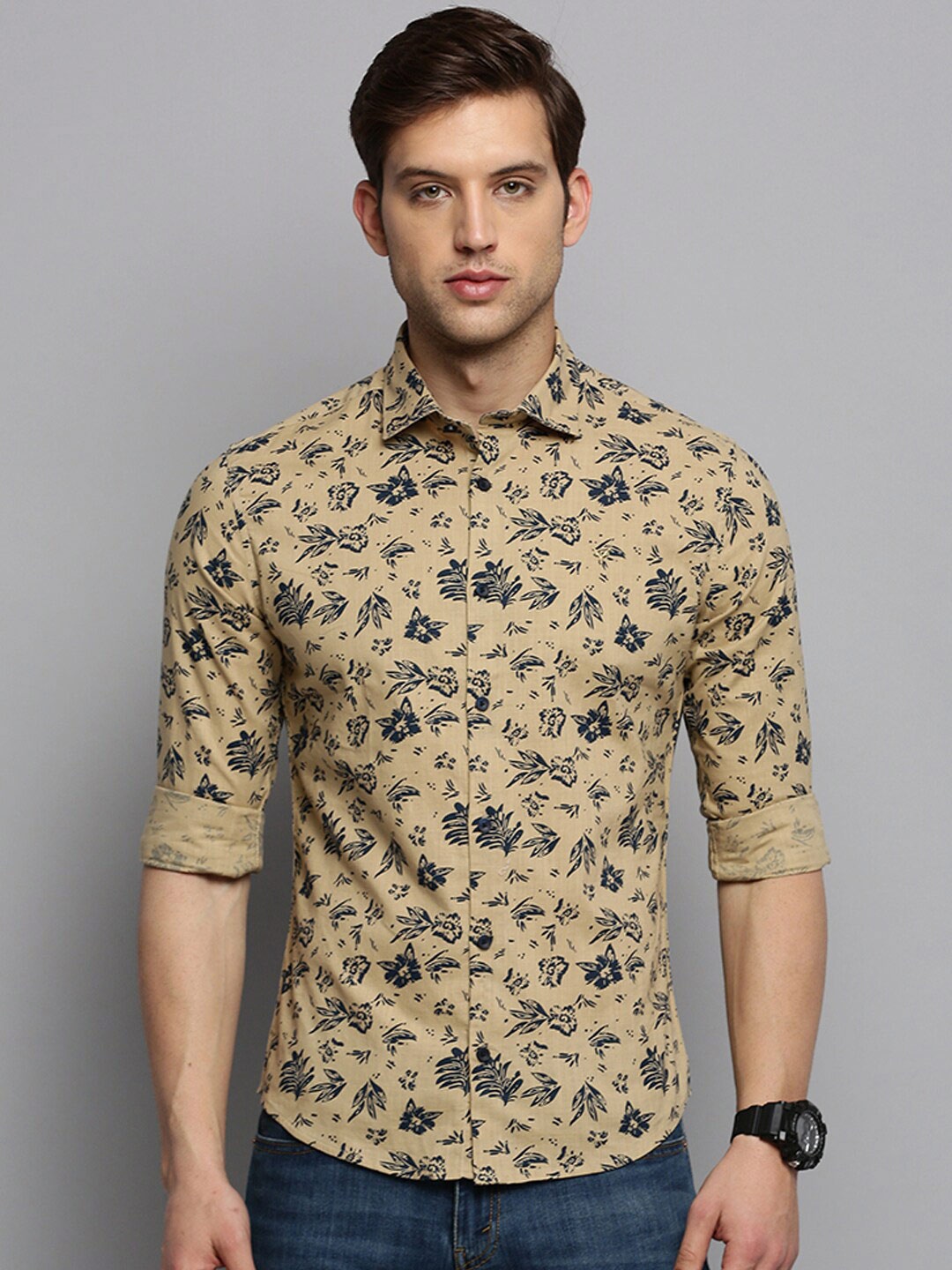 

SHOWOFF Classic Floral Printed Cotton Casual Shirt, Khaki