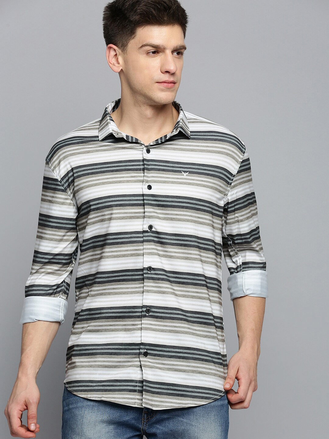

SHOWOFF Horizontal Stripes Cotton Casual Shirt, Olive