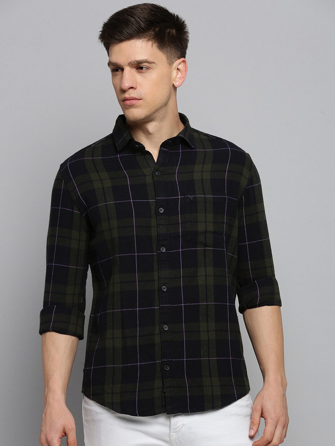 

SHOWOFF Classic Tartan Checks Checked Cotton Casual Shirt, Olive