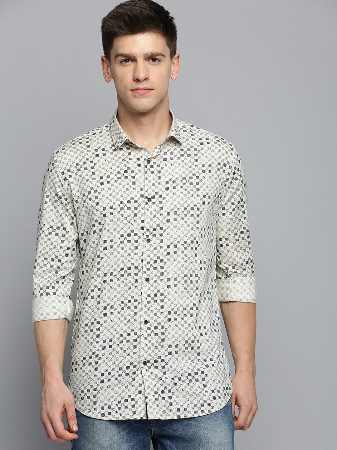 

SHOWOFF Geometric Printed Cotton Casual Shirt, Cream