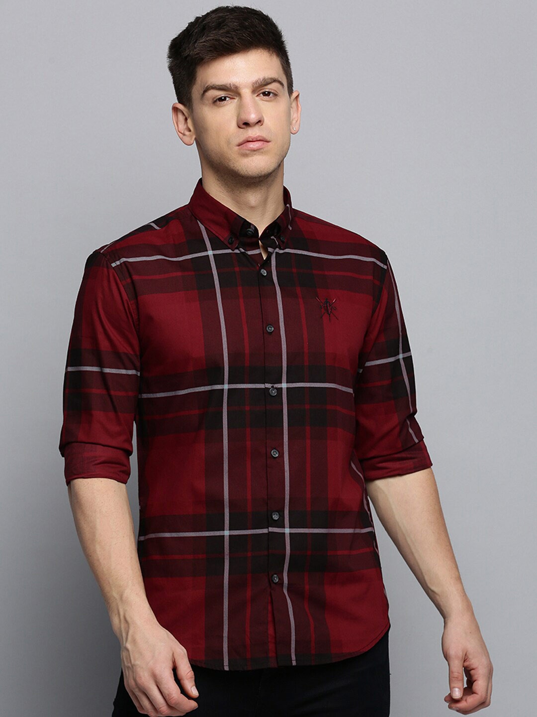 

SHOWOFF Classic Slim Fit Tartan Checks Cotton Casual Shirt, Burgundy