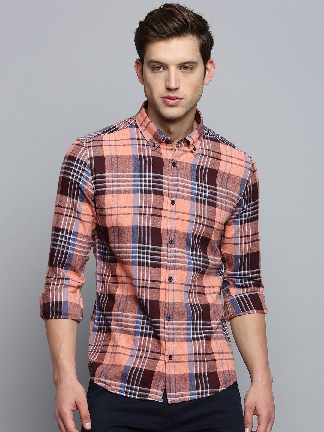 

SHOWOFF Classic Spread Collar Tartan Checked Cotton Casual Shirt, Coral