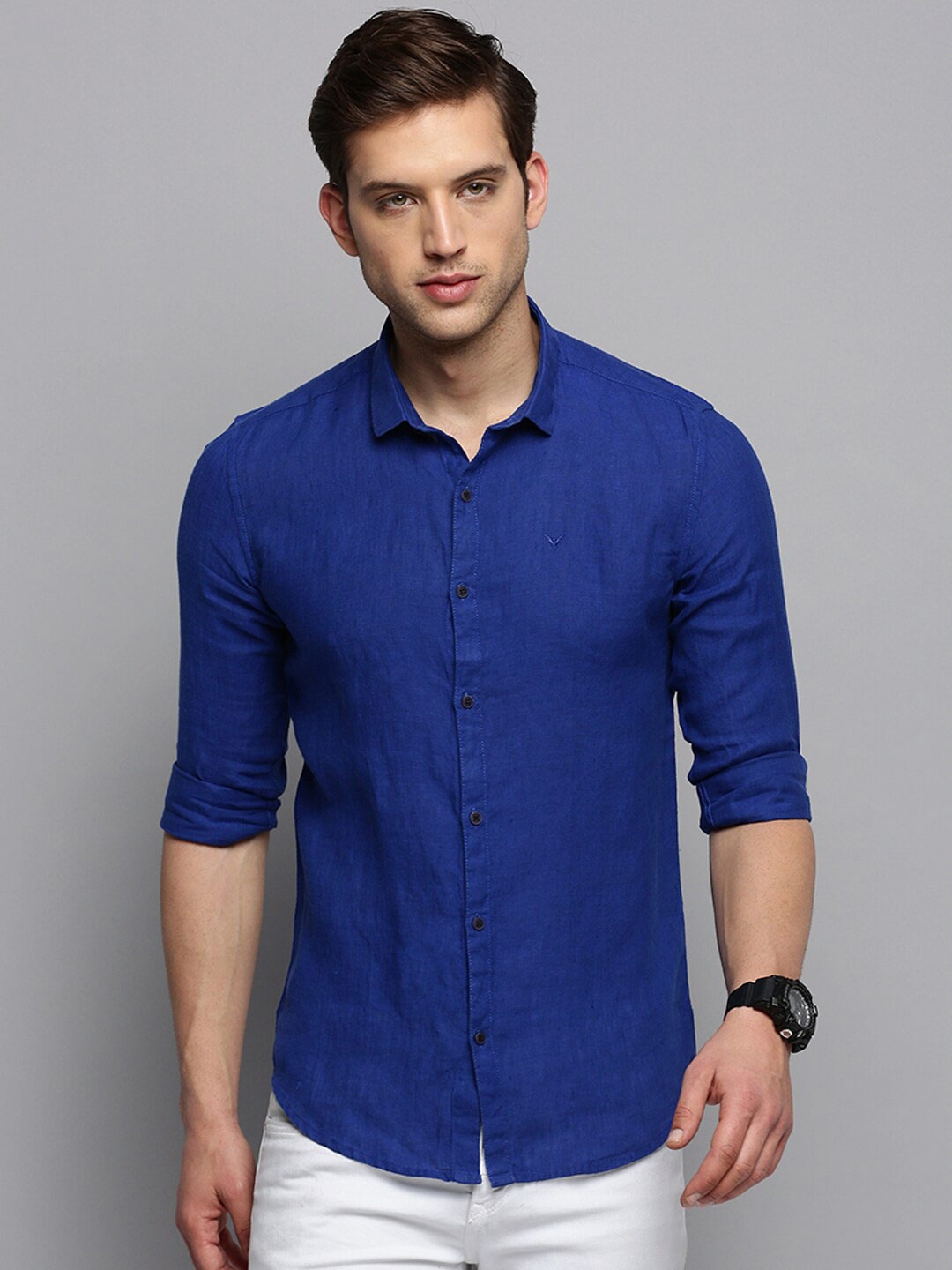 

SHOWOFF Spread Collar Long Sleeves Classic Casual Linen Shirt, Blue