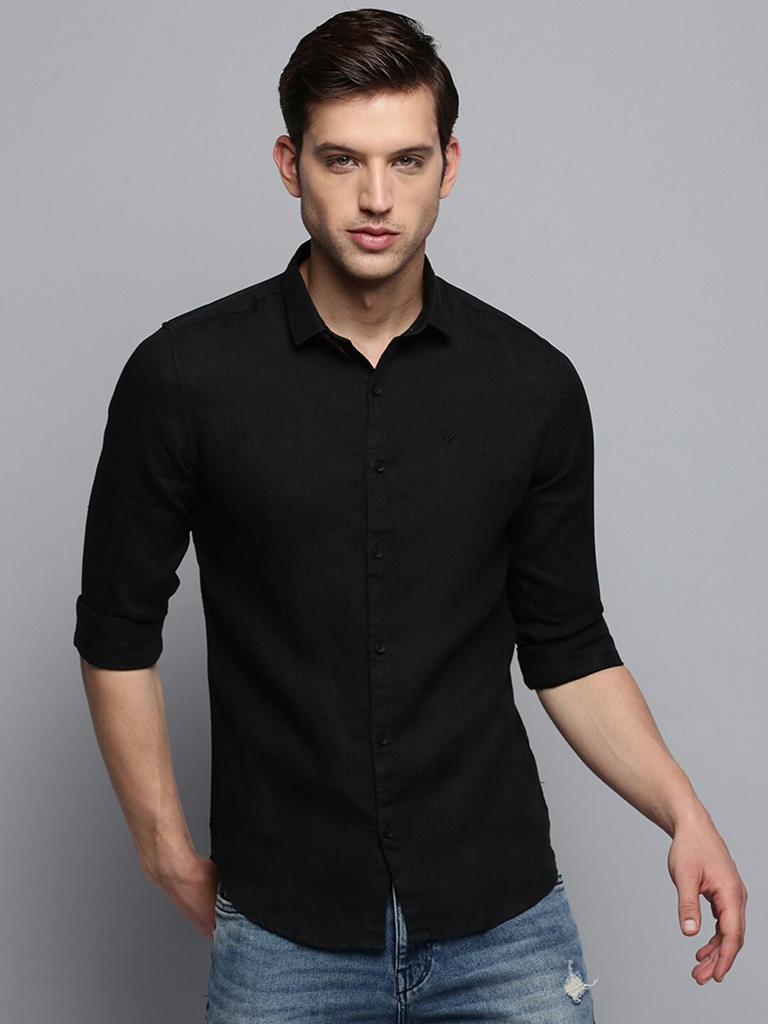 

SHOWOFF Spread Collar Linen Casual Shirt, Black