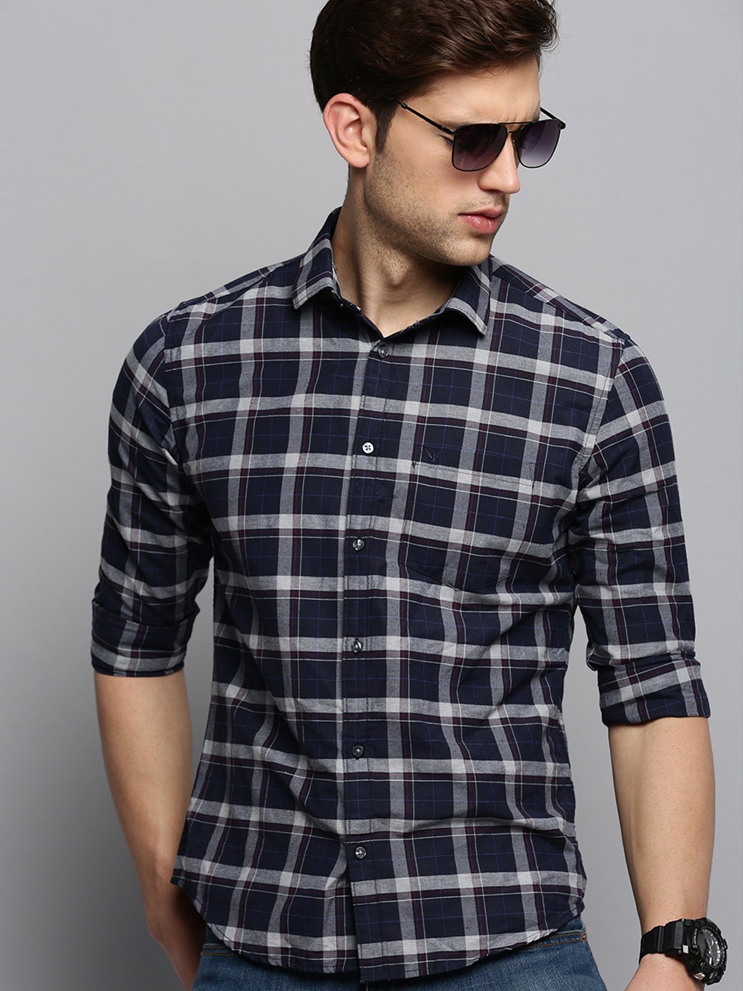

SHOWOFF Tartan Checked Classic Casual Shirt, Navy blue